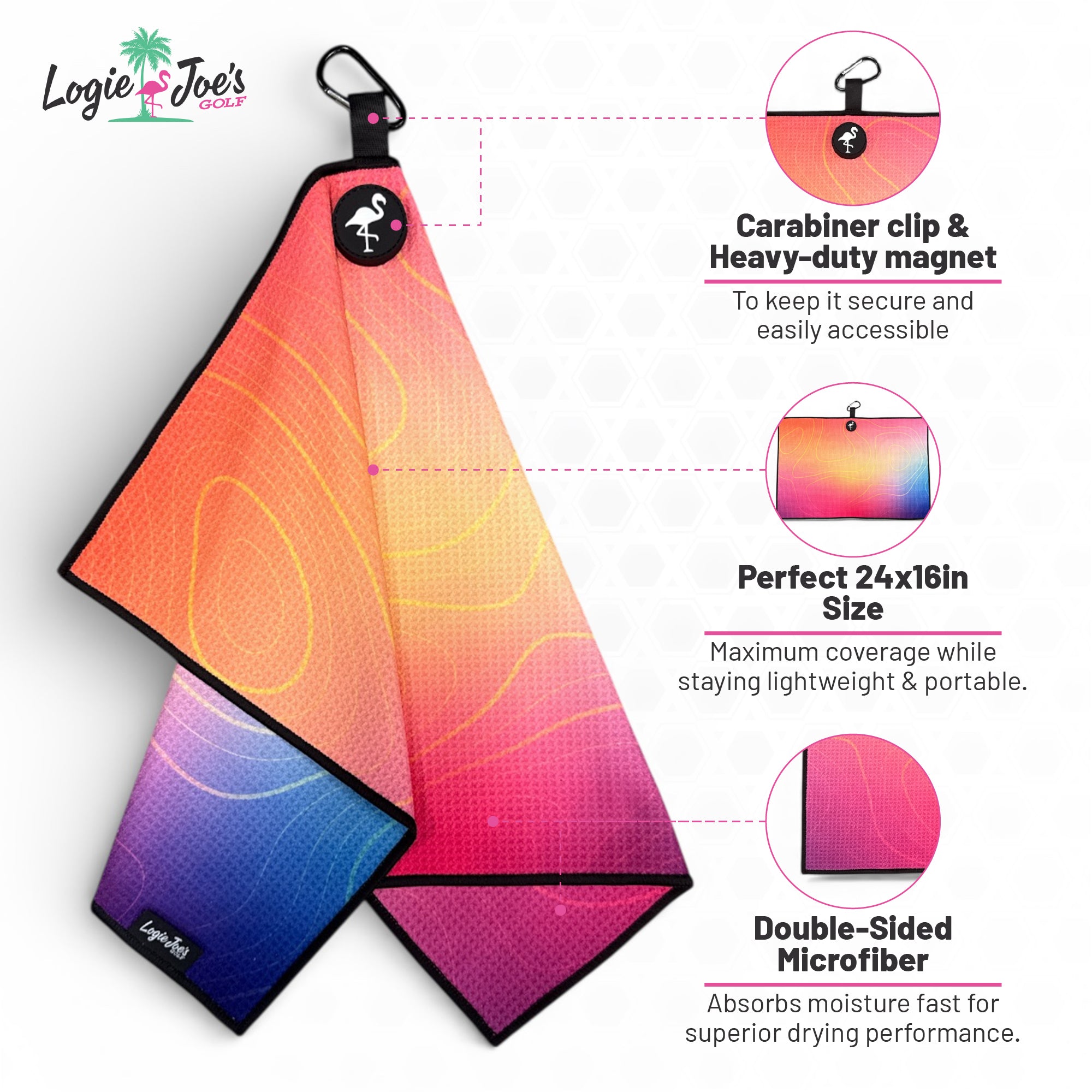 Neon Current Golf Towel | Premium Double-Sided Microfiber | Heavy-Duty Magnetic Towel with Carabiner Clip | 24 x 16 in