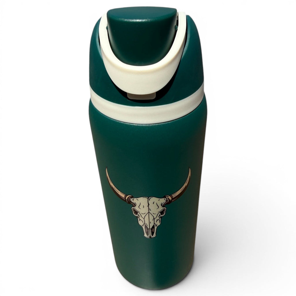 Hydration Bottle – The Longhorn | 32oz Insulated Stainless Steel | Flip Straw Lid w/ Handle