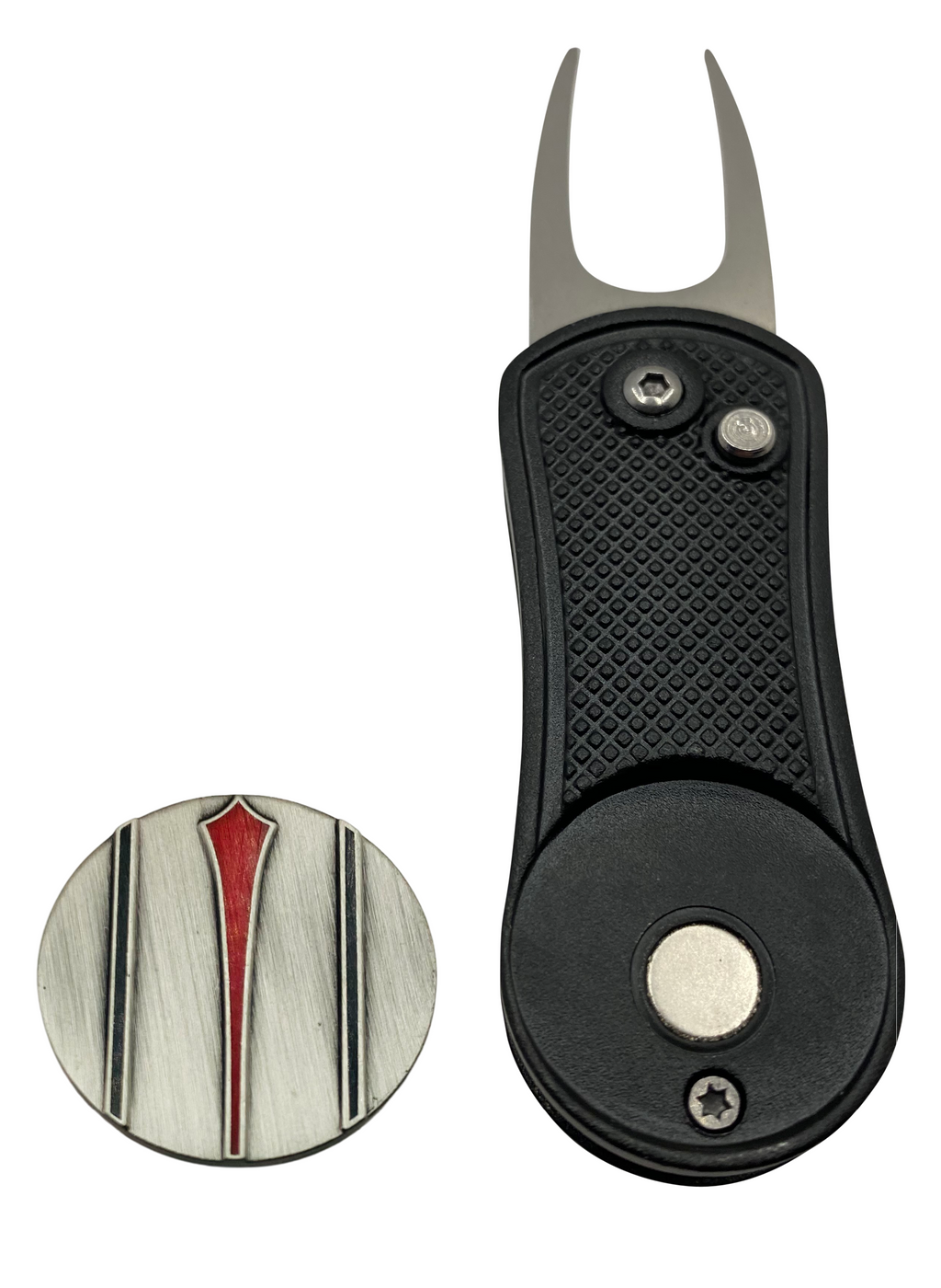 Red Arrow Putt Alignment Ball Marker with Magnetic Hat Clip, Divot Tool and Ball Stencil - Custom Golf Ball Marker