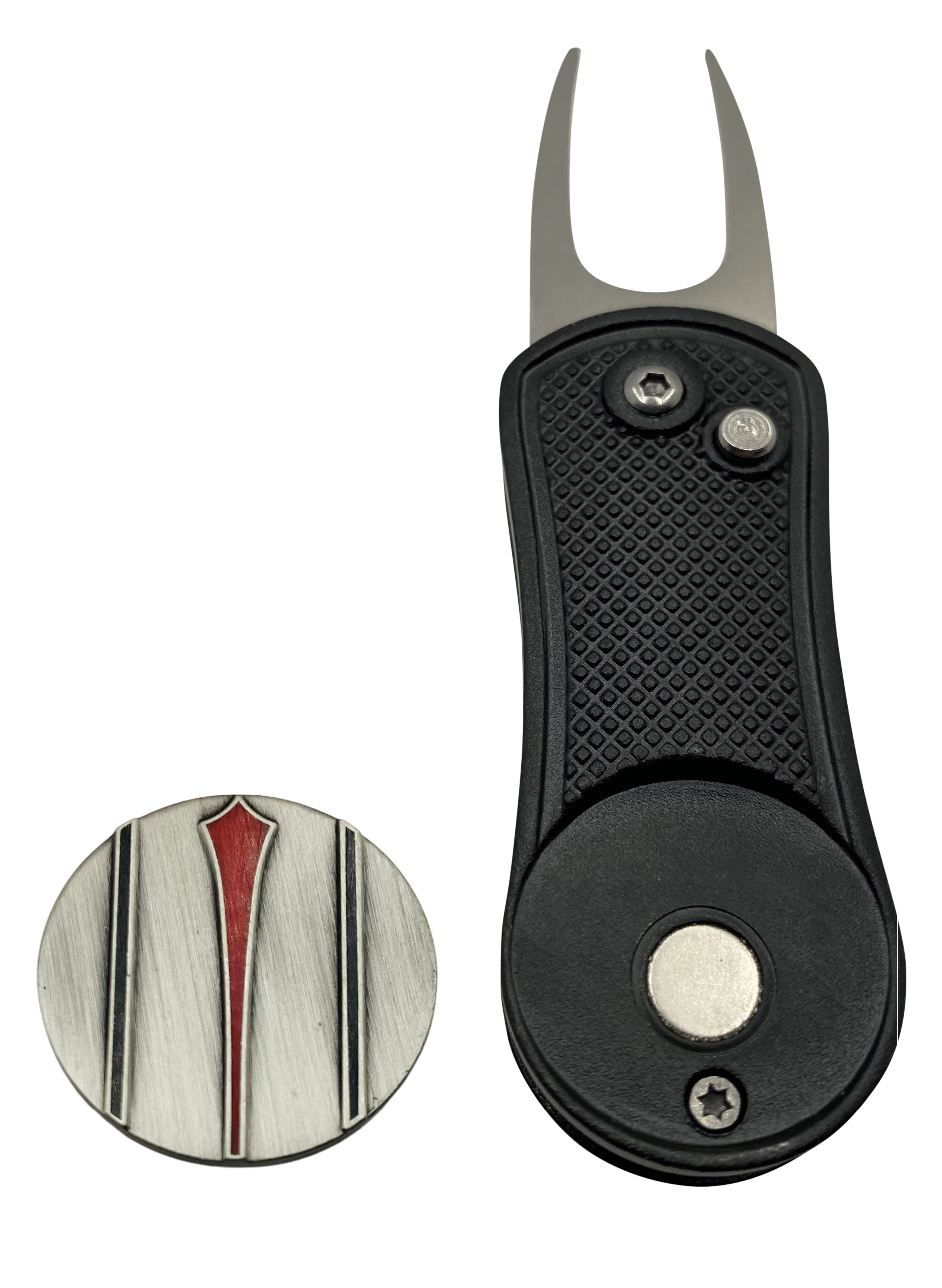 Red Arrow Putt Alignment Ball Marker with Magnetic Hat Clip, Divot Tool and Ball Stencil - Custom Golf Ball Marker