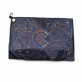 Cyberdine Golf towel with a black circuit board pattern in blue and orange, featuring a carabiner for golf bags.