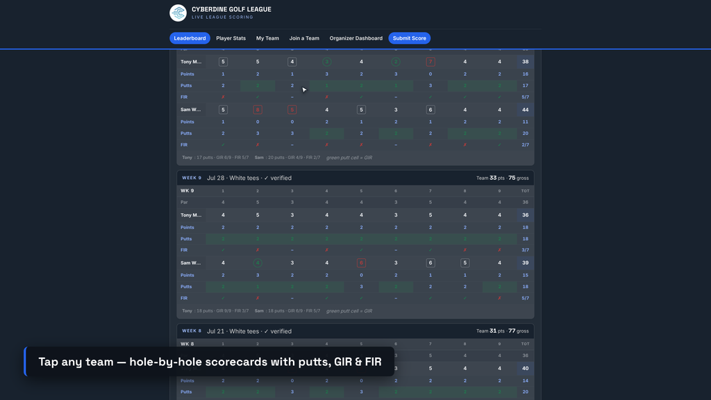Hole-by-hole scorecards with putts, GIR and FIR