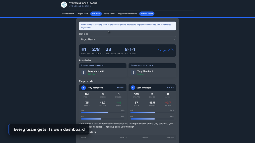 Private team dashboard with player stats